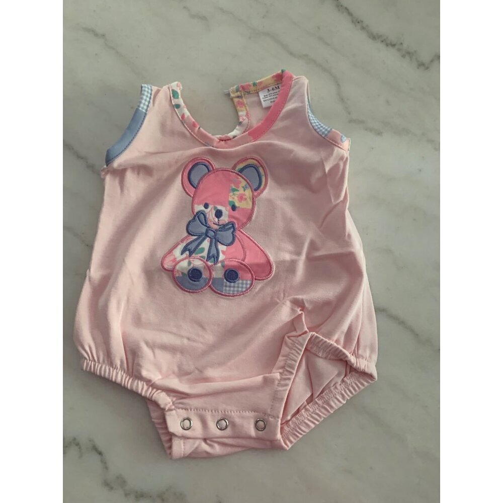 Baby Girl Pink Sleeveless Teddy Bear Romper 3-6M With Snap Closure & Keyhole Bac